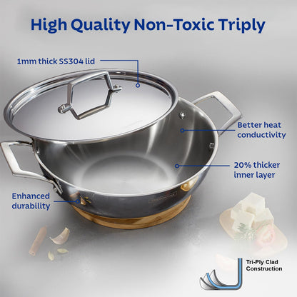 TRAMONTINA Aeion Triply 26cm/3.7L Kadai with SS 304 Lid