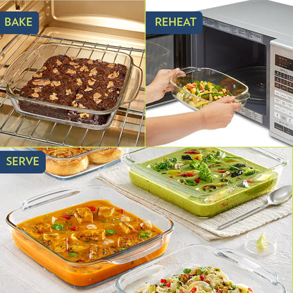 Borosil 1.6 L Baking & Serving Dish with Handle Borosilicate Glass Round Shape Bakeware and Serveware Casserole Dish Tray
