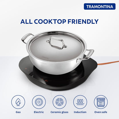 Tramontina FUSAO EX+ 28cm / 5.8L Ceramic Coated Triply Stainless Steel Deep Kadai with Lid