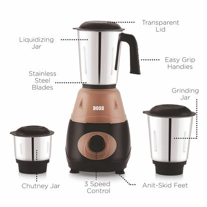 BOSS Bravo 500W Mixer Grinder with Powerful Motor, Unique Flow Breaker Design & Overload Protection (3 Stainless Steel Jars, Beige)