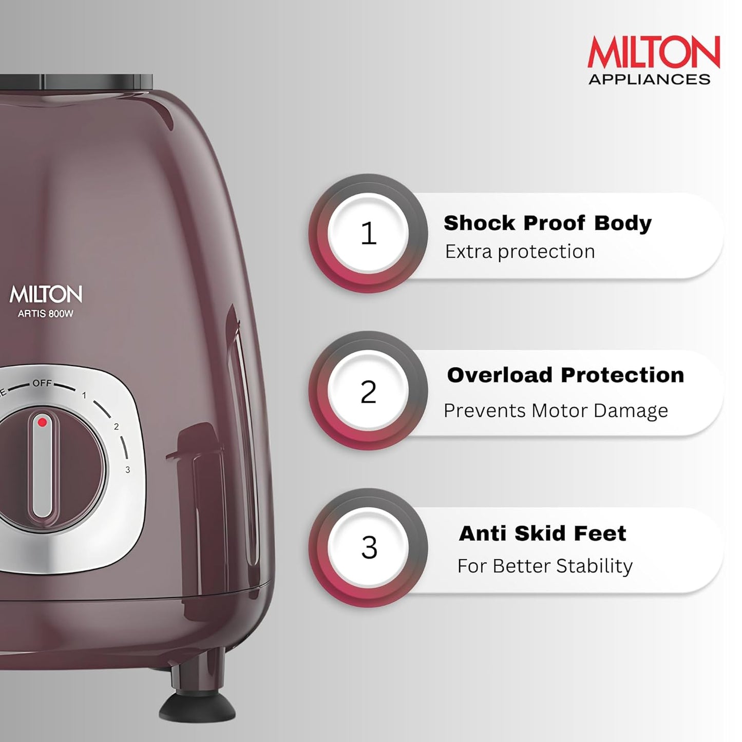 Milton Artis Mixer Grinder,Grindstone Blade Technology, 3 Jar, 800 W