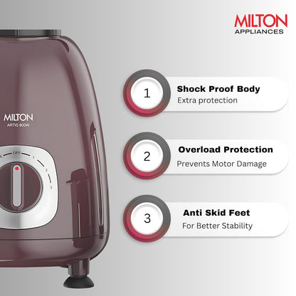 Milton Artis Mixer Grinder,Grindstone Blade Technology, 3 Jar, 800 W