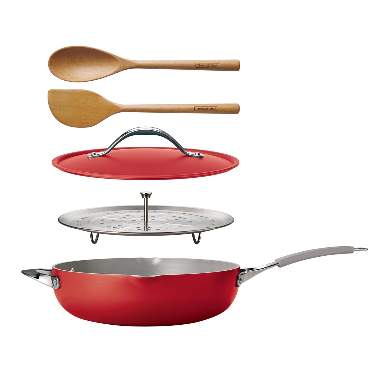 TRAMONTINA All-in-One Plus 30cm / 4.7L Pan with Aluminium Lid, Steamer, Beechwood Spoon & Spatula Red