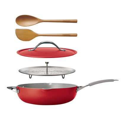 TRAMONTINA All-in-One Plus 30cm / 4.7L Pan with Aluminium Lid, Steamer, Beechwood Spoon & Spatula Red