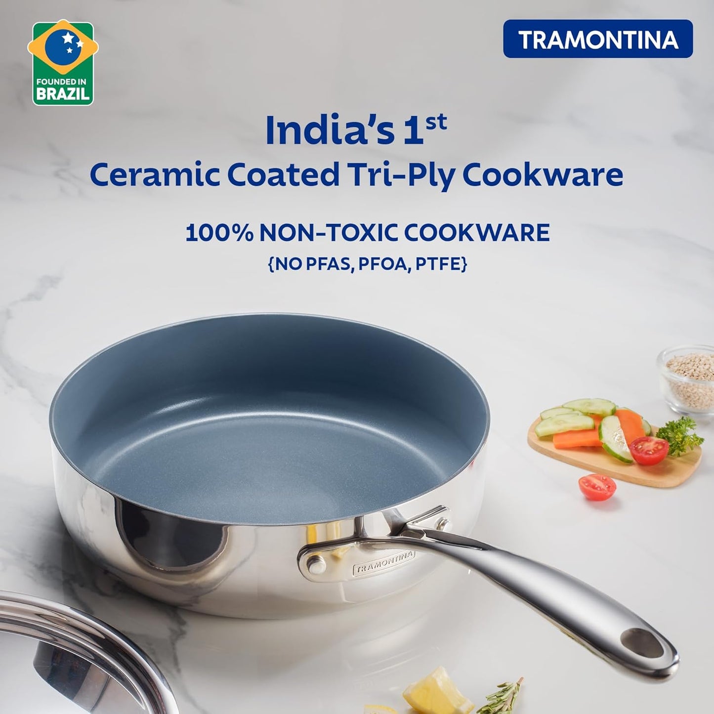 Tramontina Fusao EX+ Ceramic Coated 24cm / 2.8L Triply Stainless Steel Saute Pan with Lid