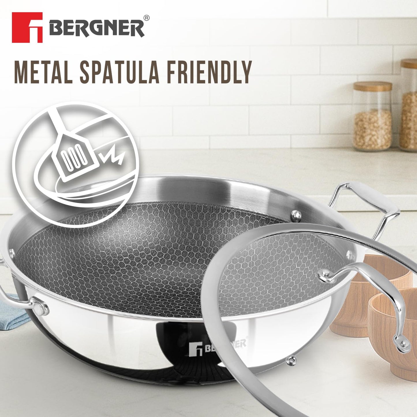 BERGNER Hi-Tech TriPly Stainless Steel 22cm (2.25 L) Kadai with Glass Lid, Honeycomb Non-Stick Coating