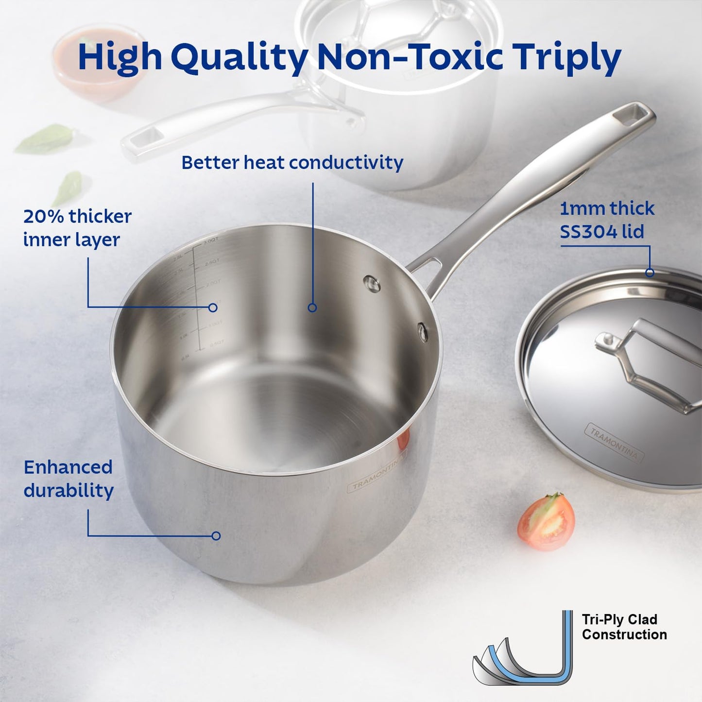 Tramontina Aeion Triply 14cm / 1.5 Liter Stainless Steel Sauce Pan with SS 304 Lid