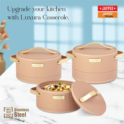 JAYPEE Luxura Inner Stainless Steel Serving Casserole Set of 3 1500, 2000, 2500 ml, Brown