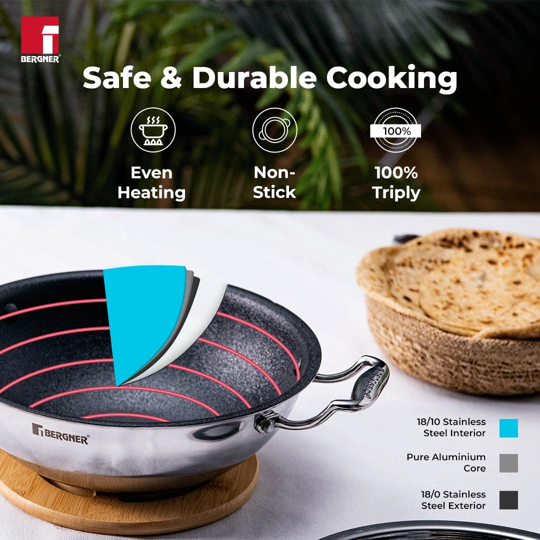 BERGNER Hitech-Peek Triply Stainless Steel Kadai/Indian Wok with Steel Lid, 26 cm,