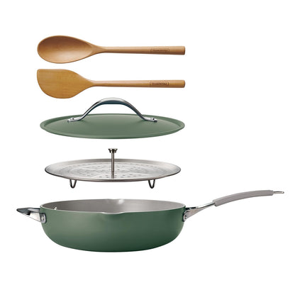 TRAMONTINA All-in-One Plus 30cm/4.7L Pan with Aluminium Lid, Steamer, Beechwood Spoon & Spatula Green