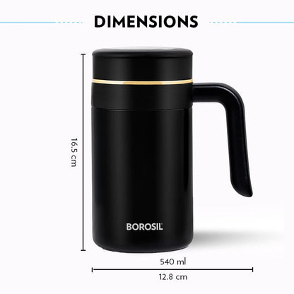 Borosil Hydra Klassic Super Insulated Mug, Vacuum Insulated Travel Coffee/Tea Mug, 8 Hrs Hot and 13 Hrs Cold, Easy to Carry, Leak Proof, 540 ml, Black, Stainless Steel