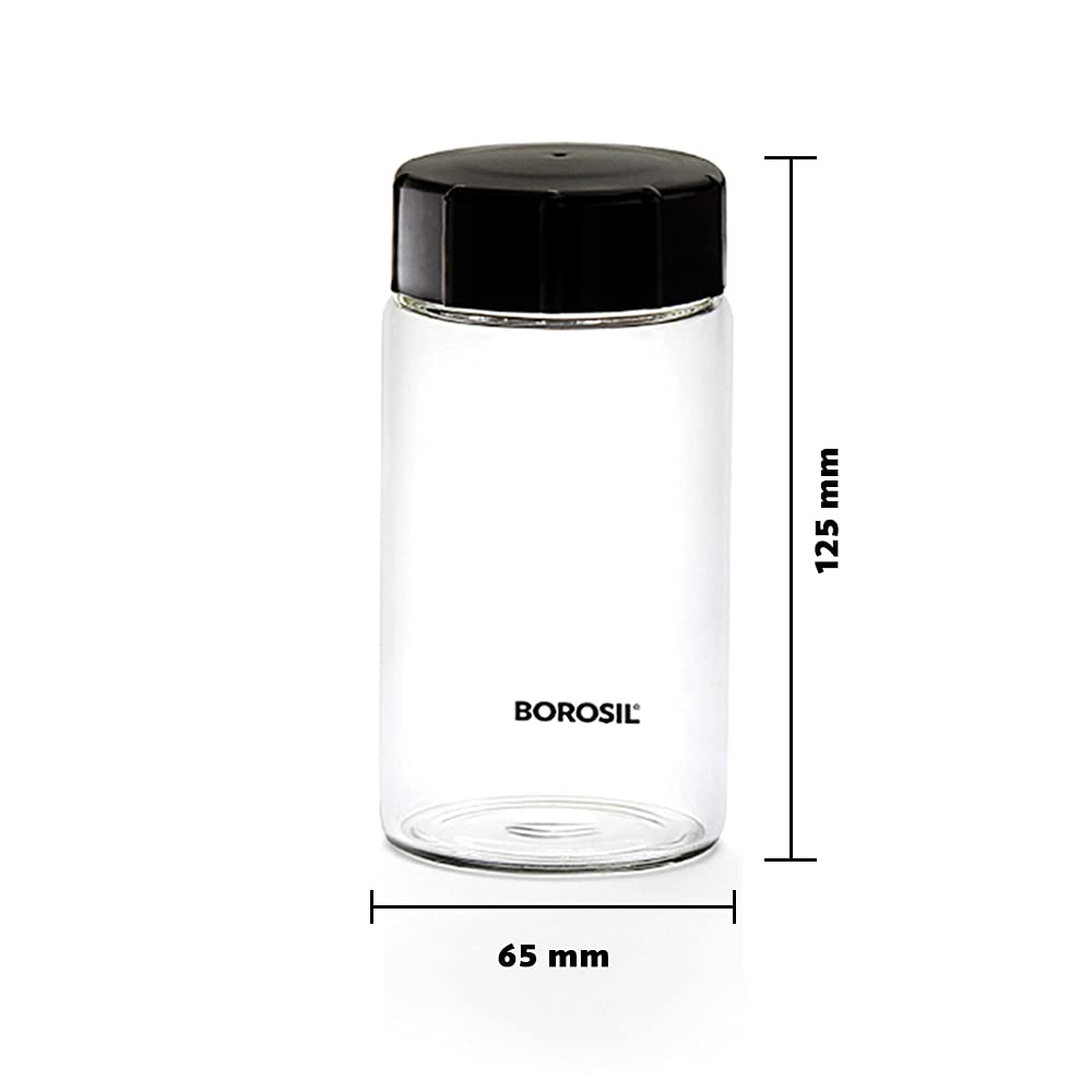 Borosil 250ml 4pc Neo Glass Spice Jar Set with PP Lid | Borosilicate Glass Storage Organiser | Microwave & Dishwasher Safe Kitchen Containers for Spices, Snacks, Grains, Dals | Transparent