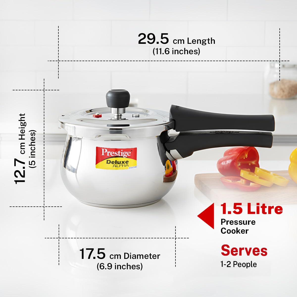 Prestige Deluxe Alpha Svachh Stainless Steel Pressure Cooker 1.5L With Glass Lid (With Deep Lid For Spillage Control )