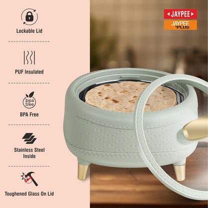JAYPEE Kingston Klass Stitched Leather Luxurious Outer & Inner Stainless Steel Casserole Set of 3 with Glass Lid(1500+2000+2500) Green