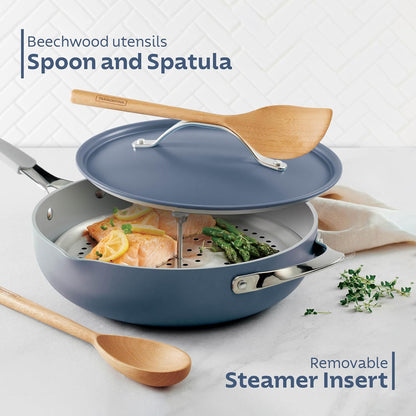 TRAMONTINA All-in-One Plus 30cm / 4.7L Pan with Aluminium Lid, Steamer, Beechwood Spoon & Spatula Blue