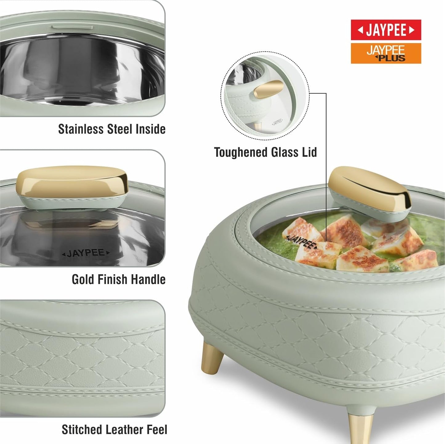 JAYPEE Kingston Klass Stitched Leather Luxurious Outer & Inner Stainless Steel Casserole Set of 3 with Glass Lid(1500+2000+2500) Green