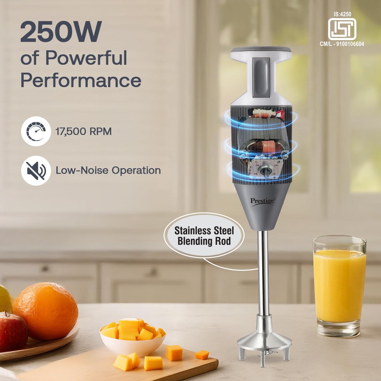 Prestige Grey Steel Shaft 250W Electric Hand Blender