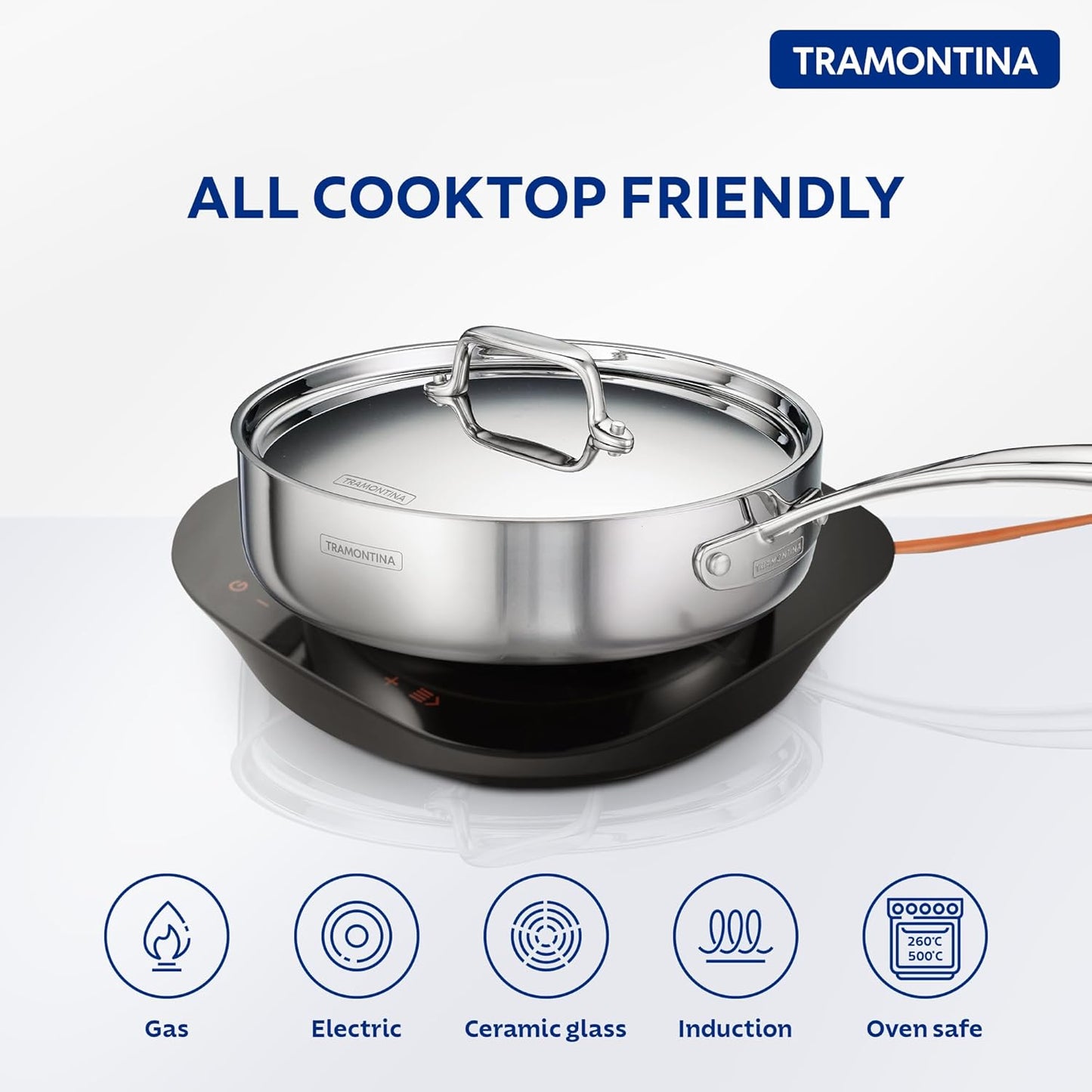 Tramontina Fusao EX+ Ceramic Coated 24cm / 2.8L Triply Stainless Steel Saute Pan with Lid