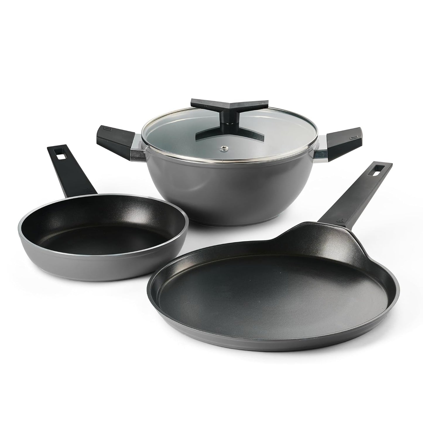 Tramontina Chroma Cookware Set of 4-Kadhai 22 cm with Lid, Fry Pan 20 cm, Dosa Tawa 28 cm