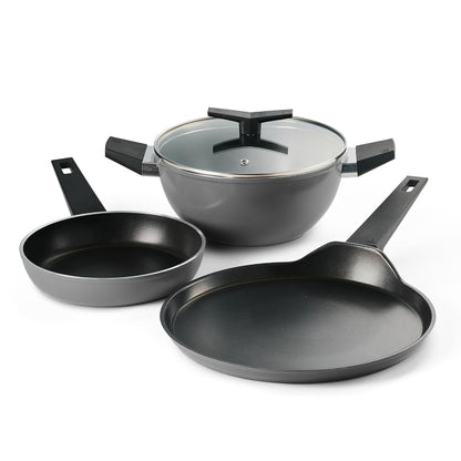 Tramontina Chroma Cookware Set of 4-Kadhai 22 cm with Lid, Fry Pan 20 cm, Dosa Tawa 28 cm