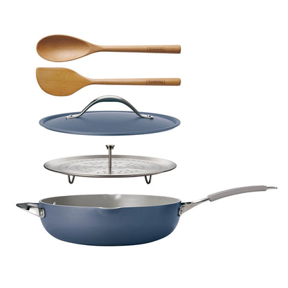 TRAMONTINA All-in-One Plus 30cm / 4.7L Pan with Aluminium Lid, Steamer, Beechwood Spoon & Spatula Blue