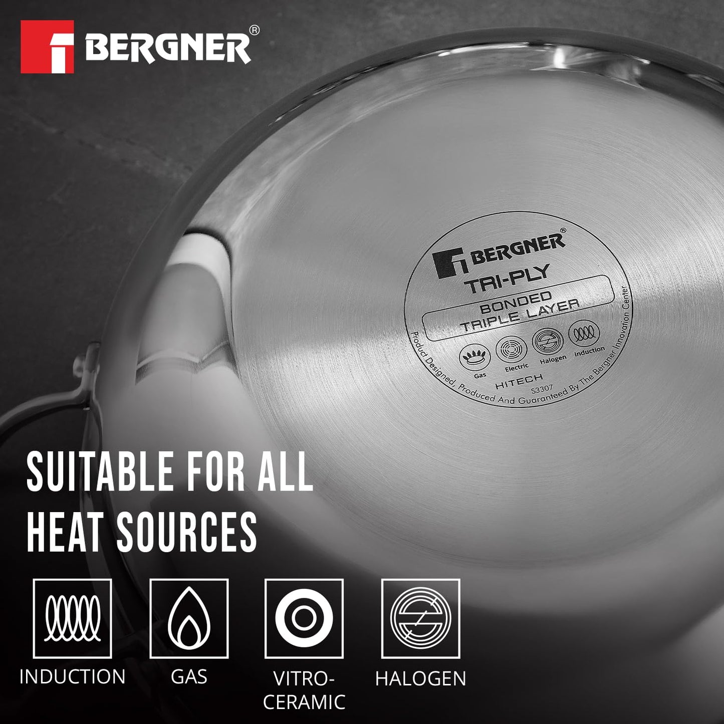 BERGNER Hi-Tech TriPly Stainless Steel 22cm (2.25 L) Kadai with Glass Lid, Honeycomb Non-Stick Coating