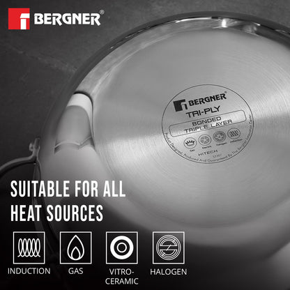 BERGNER Hi-Tech TriPly Stainless Steel 22cm (2.25 L) Kadai with Glass Lid, Honeycomb Non-Stick Coating