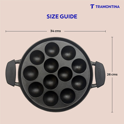 TRAMONTINA Titanex 26 cm Pre-Seasoned Cast Iron Paniyaram | Appe Pan – 12 Pits