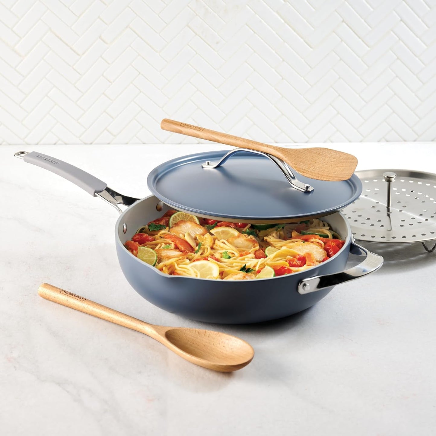 TRAMONTINA All-in-One Plus 30cm / 4.7L Pan with Aluminium Lid, Steamer, Beechwood Spoon & Spatula Blue
