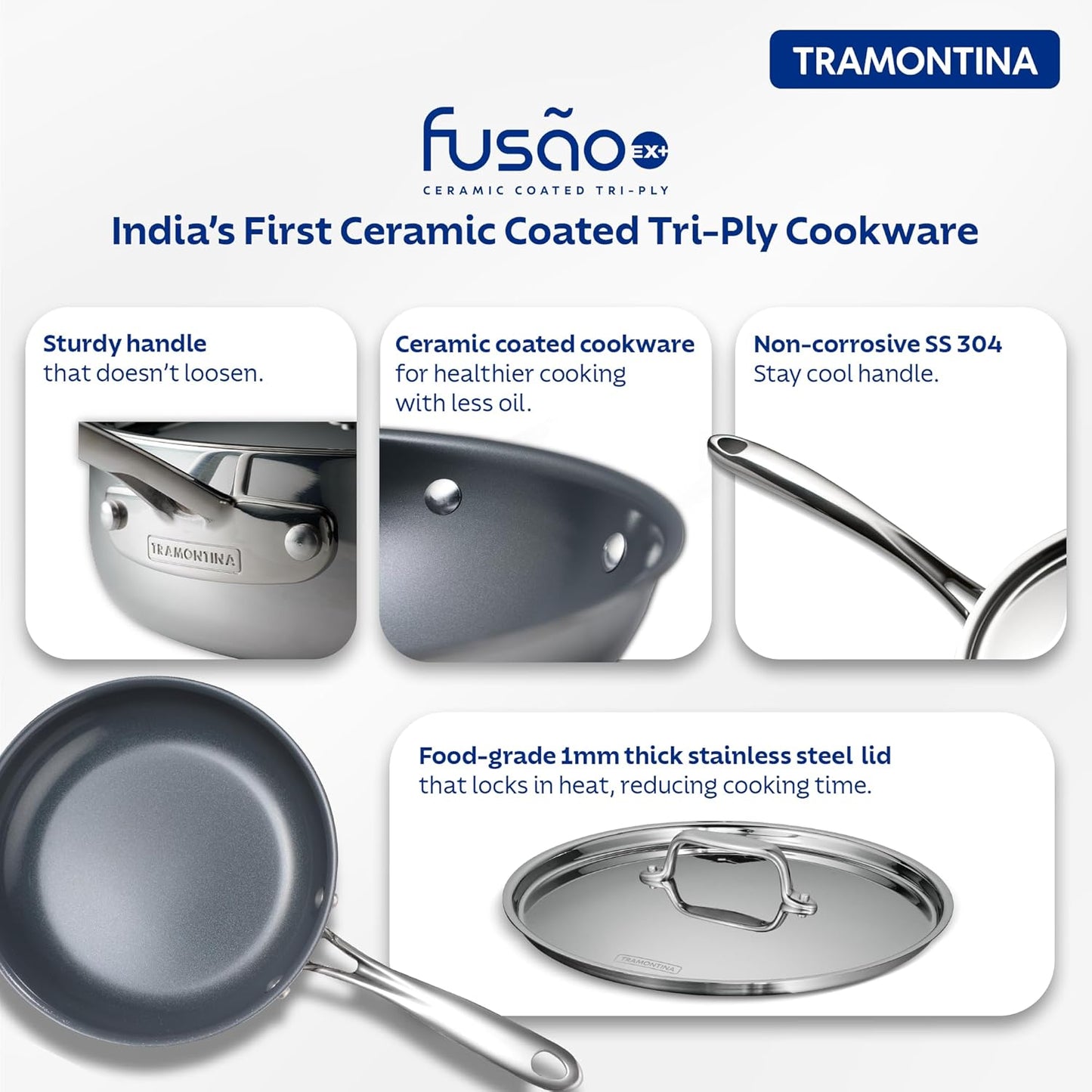 TRAMONTINA Fusao Healthy Triply Ceramic 20Cm Frypan Ex+ with Ss 304 Lid