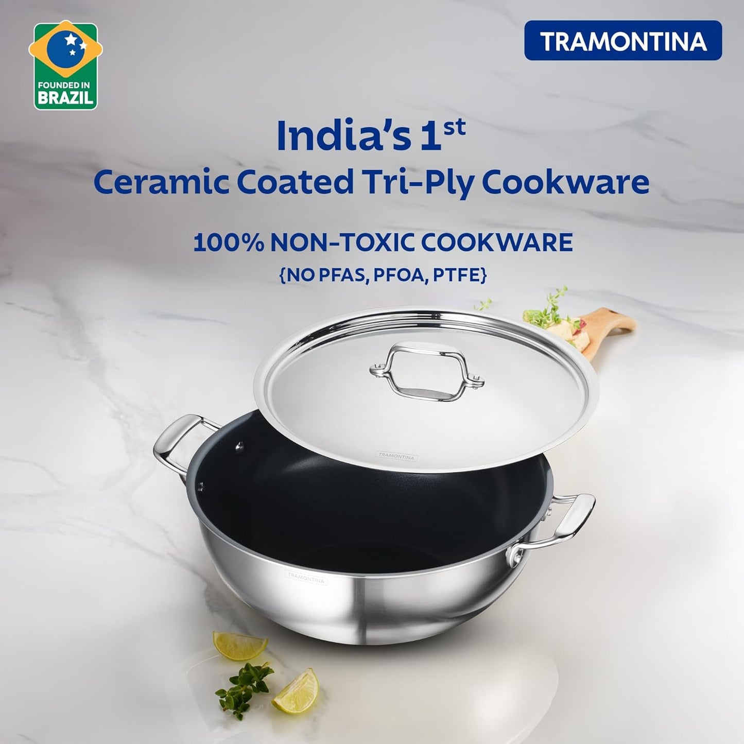 Tramontina FUSAO EX+ 28cm / 5.8L Ceramic Coated Triply Stainless Steel Deep Kadai with Lid
