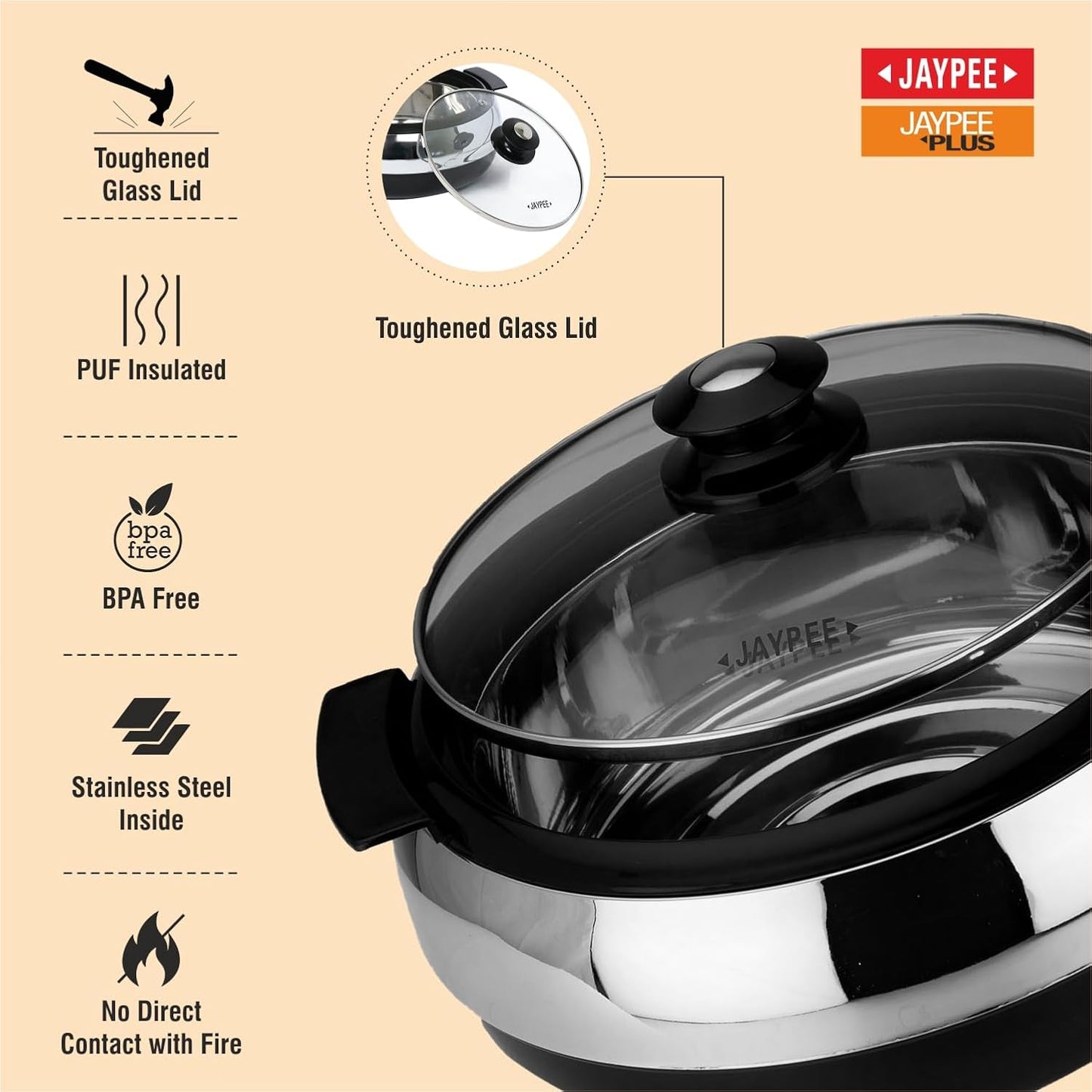 Jaypee Glasserol Serving Casserole Set of 3 Inner Stainless Steel 800,1200,1700 ml, Black
