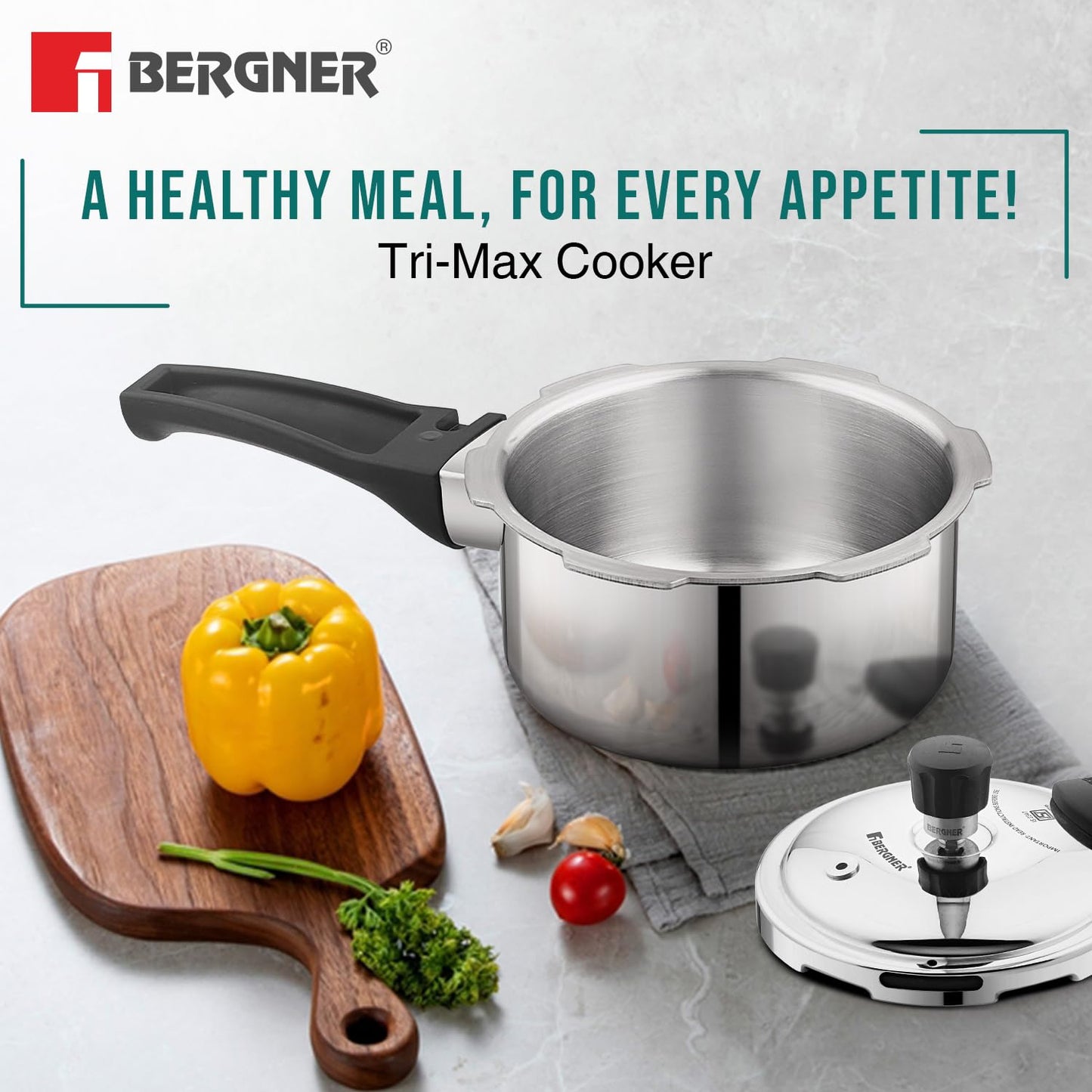 Bergner Trimax Triply Stainless Steel 3.5 Liters Outer Lid Pressure Pan, Silver Steel Cooker with Triply Construction