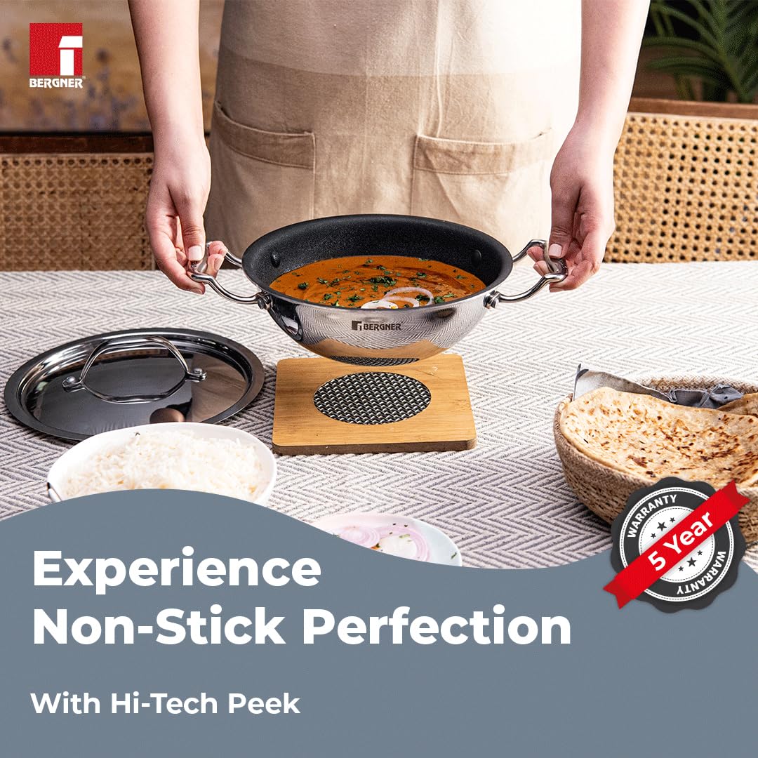 BERGNER Hitech-Peek Triply Stainless Steel Kadai/Indian Wok with Steel Lid, 26 cm,
