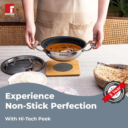 BERGNER Hitech-Peek Triply Stainless Steel Kadai/Indian Wok with Steel Lid, 26 cm,