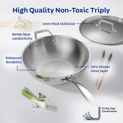 TRAMONTINA Aeion Triply 26cm / 3.7 L Wok with SS304 Lid Stir-Fry