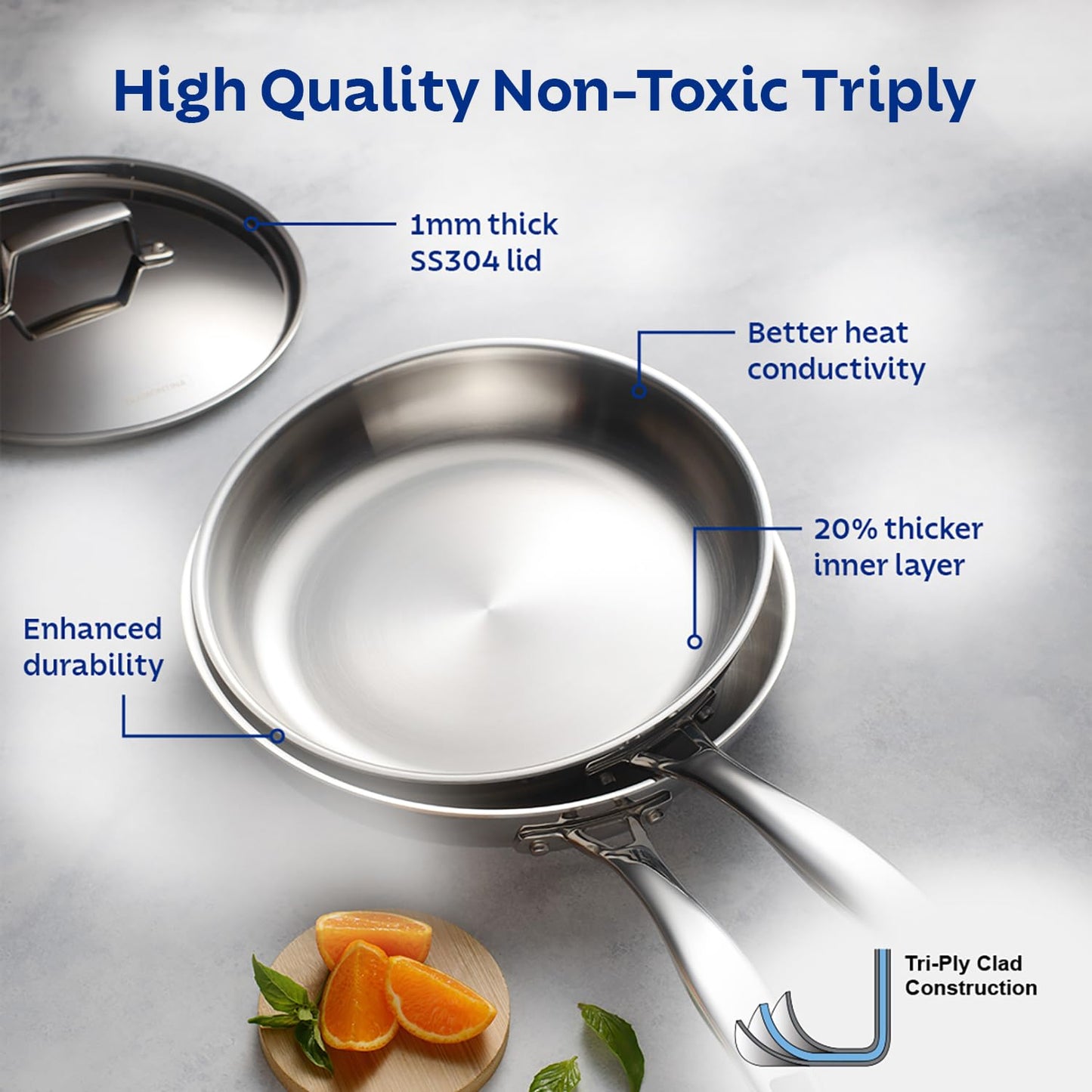 TRAMONTINA Stainless Steel Aeion Triply 24Cm Fry Pan with SS 304 Lid
