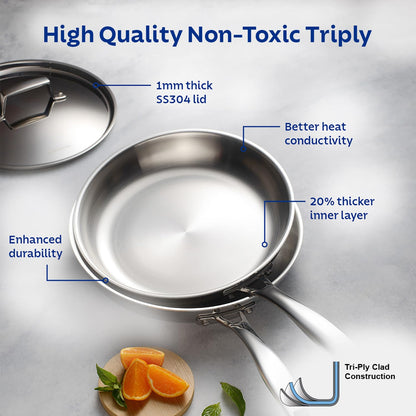TRAMONTINA Stainless Steel Aeion Triply 24Cm Fry Pan with SS 304 Lid