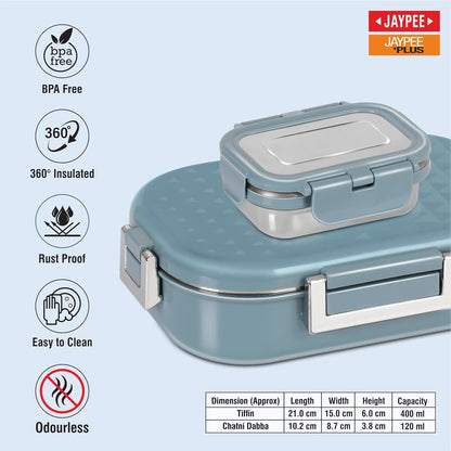 JAYPEE Snapsteel Inner Stainless Steel Insulated Lunch Box Blue, 650 ml, Airtight Tiffin Box for School Kids | Spillproof with Silicon Seal | Food Grade | BPA Free