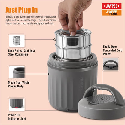 Jaypee Plus Etron Auto Cut Off Electric Lunch Box with 3 Stainless Steel containers 300X3 ml Lunch Box