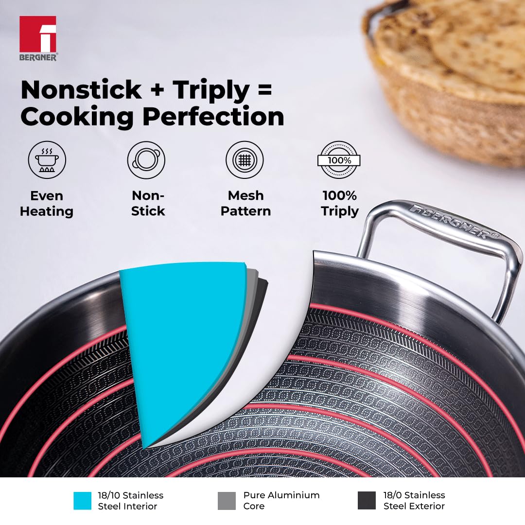 Bergner Hi-Tech TriPly Stainless Steel 24cm (2.5L) Kadai with Glass Lid, Honeycomb Non-Stick Coating