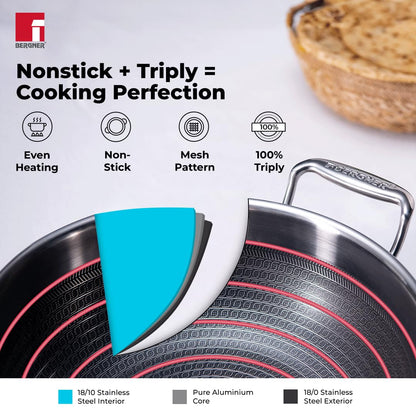 Bergner Hi-Tech TriPly Stainless Steel 24cm (2.5L) Kadai with Glass Lid, Honeycomb Non-Stick Coating