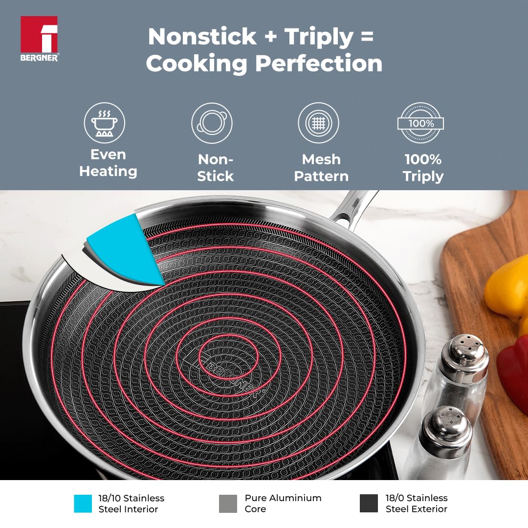 Bergner Hi-Tech TriPly Stainless Steel 20cm Frypan, Honeycomb Non-Stick Coating Frying Pan