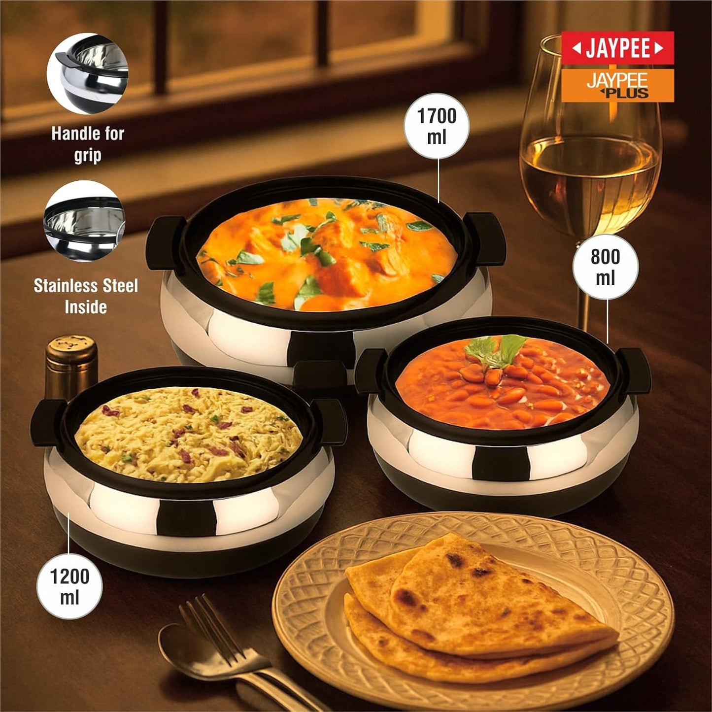 Jaypee Glasserol Serving Casserole Set of 3 Inner Stainless Steel 800,1200,1700 ml, Black