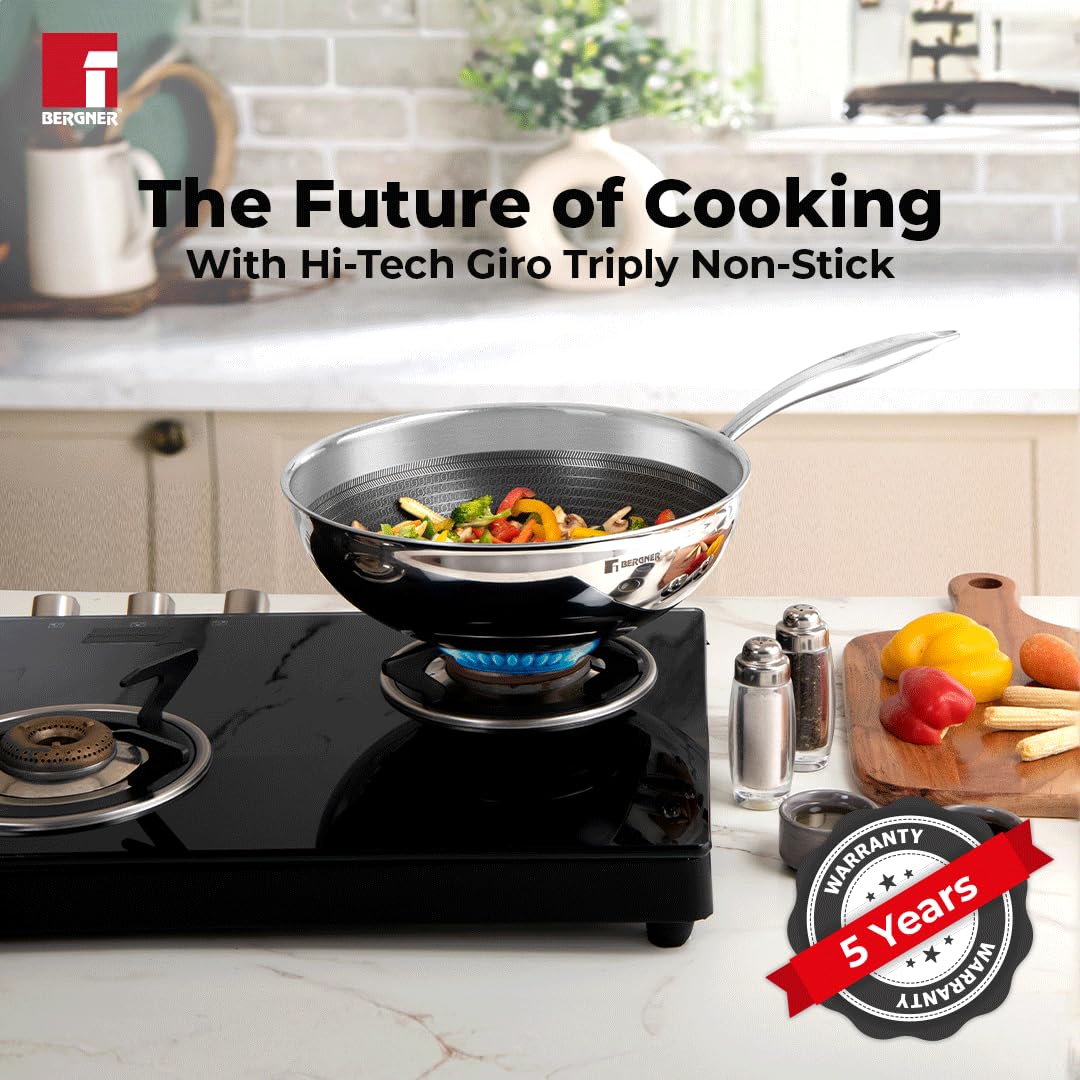 Bergner Hi-Tech TriPly Stainless Steel 24cm (3.1 L) Wok with Glass Lid, Honeycomb Non-Stick Coating Chinese Kadai