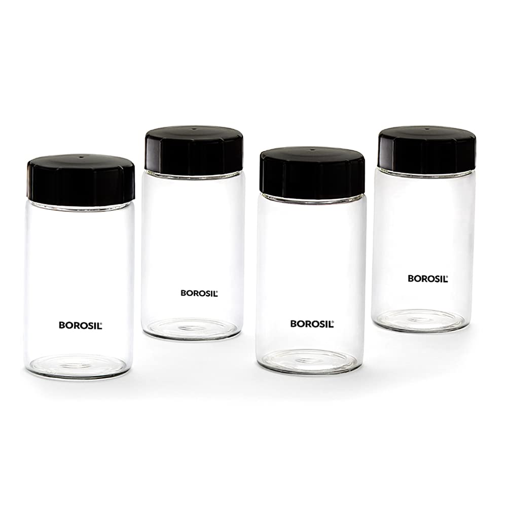 Borosil 250ml 4pc Neo Glass Spice Jar Set with PP Lid | Borosilicate Glass Storage Organiser | Microwave & Dishwasher Safe Kitchen Containers for Spices, Snacks, Grains, Dals | Transparent