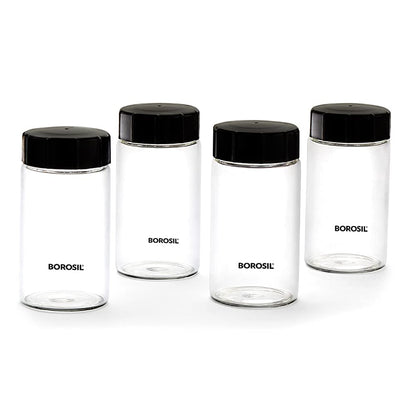 Borosil 250ml 4pc Neo Glass Spice Jar Set with PP Lid | Borosilicate Glass Storage Organiser | Microwave & Dishwasher Safe Kitchen Containers for Spices, Snacks, Grains, Dals | Transparent