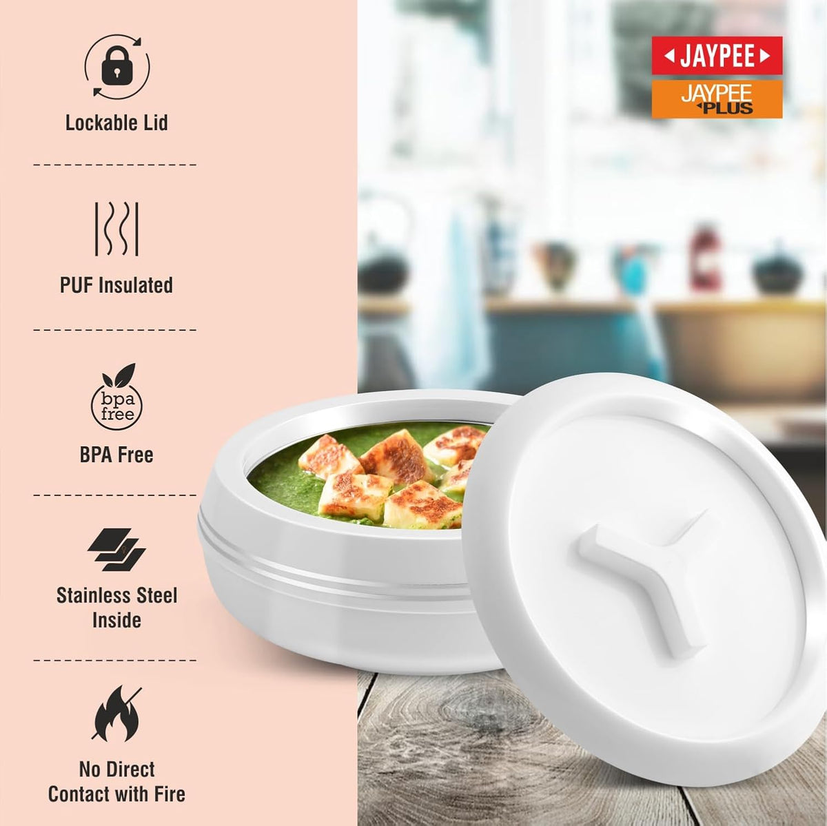 JAYPEE Teen Bhoj Inner Stainless Steel Casserole Set of 3 |Lockable Lid |BPA Free|Roti Box| Easy to Carry | Food Grade| Rust Free Casserole for roti 600,800,1200 ml| Best for Gifting Purpose, White
