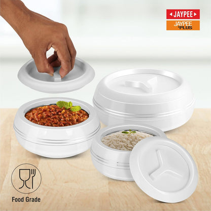 JAYPEE Teen Bhoj Inner Stainless Steel Casserole Set of 3 |Lockable Lid |BPA Free|Roti Box| Easy to Carry | Food Grade| Rust Free Casserole for roti 600,800,1200 ml| Best for Gifting Purpose, White