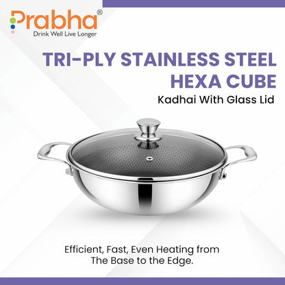 Prabha Hexa Triply Kadai with Glass Lid 2.2 litres 22cm | Cookware Kadai Set with Matt | Induction Base Kadhai for Cooking/Deep Frying | Non-Stick Kadhai Steel | 2 Year Warranty | BIS Certified